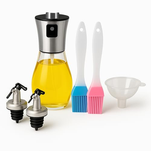 Pulverizador Aceite Spray para Cocina 200 ml de Vidrio con Pincel Silicona (Azul o Rosa), 2 Dosificadores y Embudo, Rociador de Spray para Freidora Aire, Dispensador Aceite Oliva Recargable