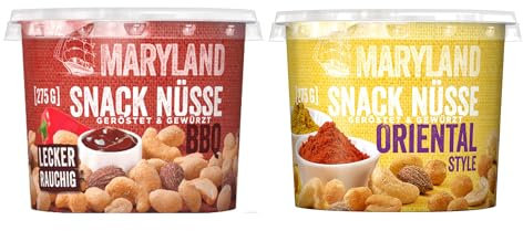 Maryland Snack Nüsse 2er Pack Oriental & BBQ Style - Knackige Nussmischungen mit verfeinert mit typischen Gewürzen - Mixpack zum Probieren im wiederverschließbaren Becher - 2 x 275 g