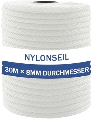 NQ Corda in nylon, diametro 30 m x 8 mm, resistente agli strappi, resistente alle intemperie e ai raggi UV, ideale per campeggio, attività all'aperto, casa e lavoro fai da te (bianco)