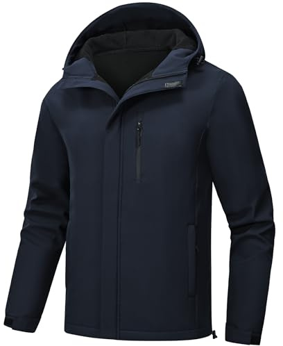 Huayuzh Softshelljacke für Herren Winterjacke Wasserdicht Winddicht Warme Fleece Gefüttert Regenjacke Wandern Camping Navy Blue L