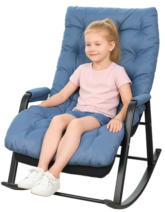 Silla mecedora para niños de 3 años + con reposabrazos y bolsillo lateral, estructura de acero, reposapiés ajustable a 5 alturas, soporta hasta 250 kg, para salón o dormitorio, azul
