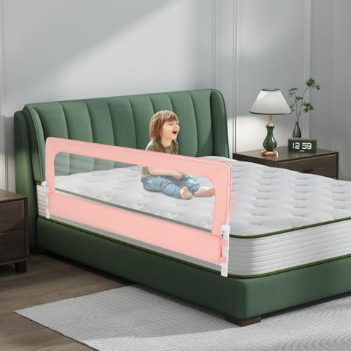 GIDRLL Bettgitter Rausfallschutz Bett Reise Bettumrandung Babybett Höhenverstellbar Kinder Bettschutzgitter mit luftiges Netz, klappbares Rausfallschutz Boxspringbett für die meisten Betttypen (Rosa)