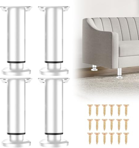 EUBSWA Pieds de Meuble Réglables 12-18cm Acier Inoxydable Blanc Lot 4 | Supports pour lit, sommier, armoire, canapé. Base antidérapante, charge 300 kg. Vissage rapide. Anti-rayures