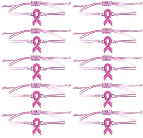 Brxmpn Lot de 10 Bracelets Tressés Faits Main pour Sensibilisation Au Cancer du Sein, Réglables, avec Ruban Rose, pour Encourager Inspirer Les Femmes Les Filles