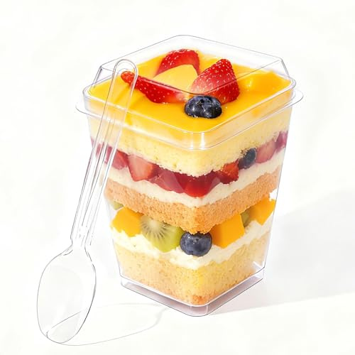 Fracurs 60 Stück Dessertgläser Plastik 160ML Dessertschalen Eckig Plastik Wiederverwendbar 5 OZ Klare Dessertbecher mit Deckel und Löffeln für DIY Desserts, Puddings, Mousses und Party