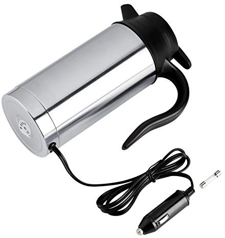 OVAQUIXI Electric Car Kettle 750ml 12V 24V Fast Heating Sealed Lid | 304 stainless steel, fits most cup holders, for travel coffee tea water, auto shutoff, cigarette lighter compatible