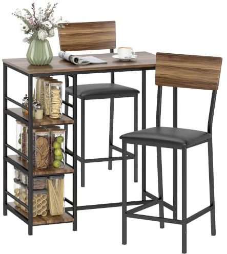 HOMCOM Bartisch mit 2 Hockern mit 3 Ablagen, Rückenlehne und PU-Lederpolsterung, platzsparendes Bar-Theken- und Küchenstuhl-Set mit Stahlbeinen, industriell, für Küche und Esszimmer, Farbe Walnuss