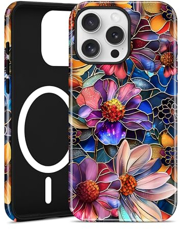 Jusy Custodia magnetica in vetro colorato floreale per iPhone 15 Pro, viola