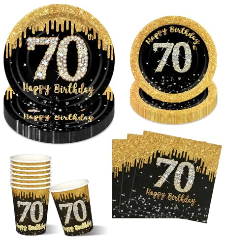 100pcs 70th Happy Birthday Party Plates Cups and Napkins, Black Gold 9 and 7 Disposable Paper Plates, Party Tableware Set Serves 25 Guests for 70th Birthday Celebrations and Table Decorations
