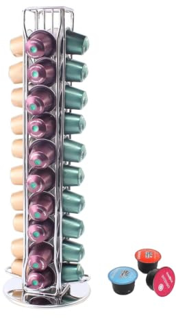 Fhlprte Drehbarer Kapselhalter,kompatibel mit Nespresso-Original-Kapseln,40 Stück Kaffee Organizer,um 360 Grad drehbar,Platzsparend Zubehör Kapselspender für Küchen Café Ruheraum (Silber)