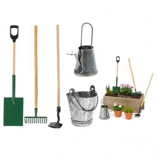 IMIKEYA 5 Pcs Miniature Dollhouse Gardening Tools: 1:12 Tiny Fairy Garden Accessories with Spade Rake Pestle Kettle Bucket Mini House Garden Furniture for Diy Micro Landscape Decor