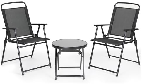 VOWNER Conjunto de Balcón de 3 Piezas, Muebles de Jardín Plegables con Mesa de Cristal Ondulado y 2 Sillas Ergonómicas, Ahorro de Espacio para Terraza, Patio y Camping, Negro