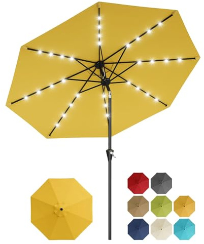 Garvee Sombrilla de Jardín LED Solar 300 cm, Parasol Exterior de Poliéster 180g/m² con 8 Varillas Acero, Manivela, Inclinación 30° Ajustable y Protección UV, Ideal para Terraza y Patio