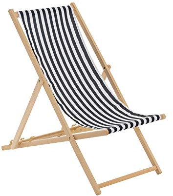 Harbour Housewares Folding Wooden Deck Chairs – Black Stripe – Pack of 1 – Adults Traditional Foldable Reclining Outdoor Canvas Sun Lounger Chair Seat for Garden Patio, Beach, Camping