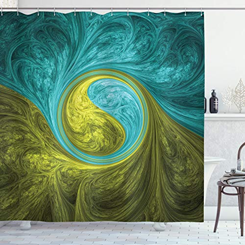 ABAKUHAUS Ying Yang Duschvorhang, Ethnisch, Stoffliches Gewebe Badezimmerdekorationsset mit Haken, 175 x 220 cm, Khaki Teal