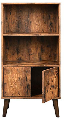 VASAGLE Rustic Bookcase 3 Tier Storage Shelf with Doors for Books, Photos, Decorations in Living Room, Office, Bookcase, Mid Century Modern Style, Brown LBC09BX