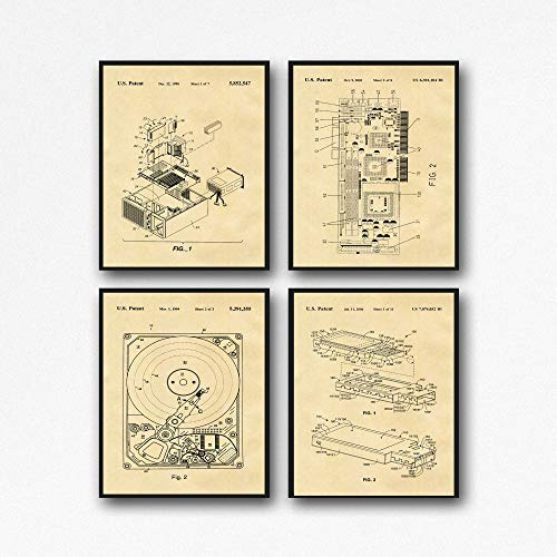 Computer Posters Set of 4 Computer Patent Posters Hard Drive Poster Graphics Card Poster USB Poster Computer Geek Wall Art IT Posters WB160 (21cm x 30cm, Parchment)