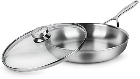 Demeyere 5-Plus - Padella in acciaio inox a 5 strati, 28 cm, con coperchio in vetro, prodotto in Belgio