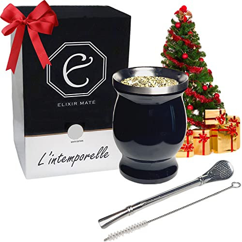 Elixir Maté™ | Calabaza + Bombilla + Limpiador de paja para Yerba Mate | Caja de regalo Premium | Taza de acero inoxidable de doble pared Premium | Mate, Café, Té, Granito | Edición Negra