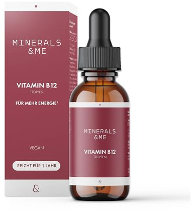 MINERALS & ME® Vitamin B12 Tropfen – 200 µg je Tropfen, 50 ml (ca. 1.000 Tropfen) – vegan, alkoholfrei & geschmacksneutral, laborgeprüft – Jahresvorrat