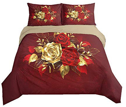 Duvet Cover Set Rose Flower 3D Digital Printing Romantic Floral Bedding Set Girl Woman Black Blue Gold Red Quilt Cover with Pillowcase, Microfiber (Red, King)