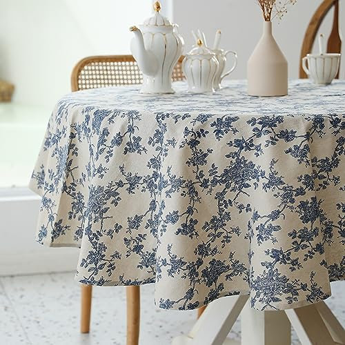 Pastorale runde Tischdecke, 152 cm Durchmesser, Leinenstoff, waschbar, staubdicht, knitterfrei, für Restaurant, Picknick, Innen- und Außenbereich, Blumenmuster (dunkelblau)