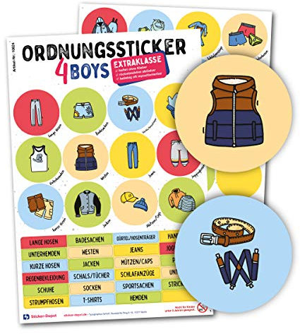 Typographus - 68 kindgerechte Aufkleber für Kleidung - Für Kleiderschränke, Boxen & Möbel - Sorgen für Ordnung im Kinderzimmer | Jungs | Ordnungssticker, Lernen, Aufbewahrung farbig bunt