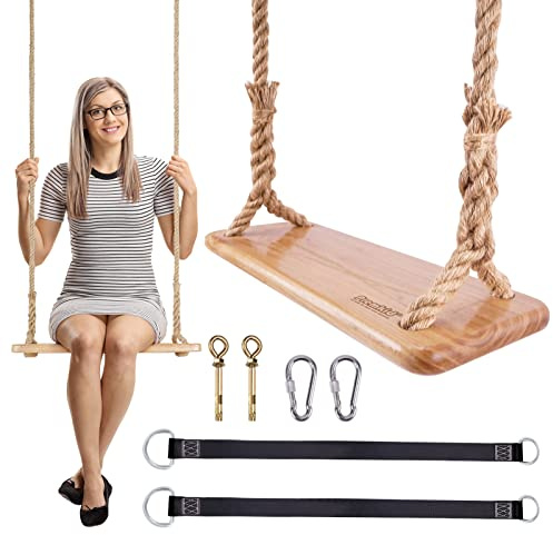 Premkid Hanging Wooden Tree Swing with Adjustable Hemp Rope and Tree Straps