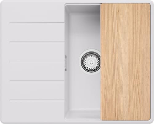 PRIMAGRAN Evier Cuisine en Granit Blanc 62x50cm, Lavabo 1 bac + Kit de Vidage + Planche à Découper, Évier à Encastrer au meuble 45cm - Copenhague