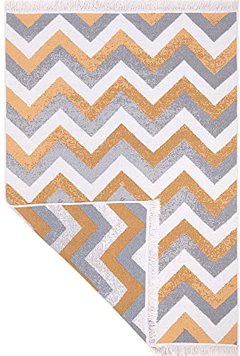 Fashion4Home Teppich Läufer - Tepiche für Wohnzimmer, Schlafzimmer, Küche, Kinderzimmer, Badezimmer - Boho Kelim - Läufer Flur, Zigzag-Gold, Größe: 160x230 cm