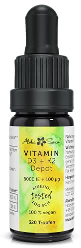 Aloha Sana | Vitamin D3 K2 hochdosiert in Tropfen | 5000 i.e Vitamin-D3 und 100ug K2 | Vit. D und Vitamin K2 mk7 im Ultraviolettglas | Nahrungsergänzungsmittel vegan