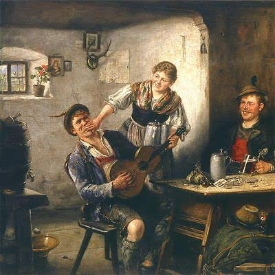 Kunstdruck Fröhliche Runde Jagdbild von A. Müller-Lingke Gitarre Bierfass Wilderer A3 652