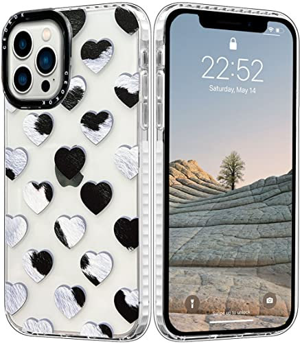 CEOKOK Compatible for iPhone 13 Pro Max 6.7 inch Black White Animal Fur Cow Print Case Clear Transparent with Drawing Love Heart Pattern Soft TPU Shockproof Women Girls Phone Cover Shell