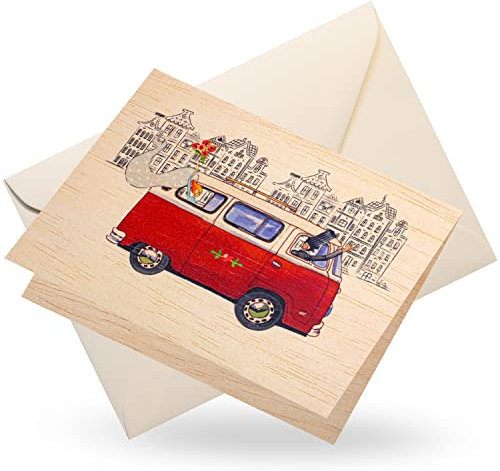 Cozywood Hochzeitskarte aus echtem Holz, Hochzeitsgeschenk, hochwertige Glückwunschkarte, Grußkarte zur Hochzeit, Geschenkkarte, Einladungskarte Hochzeit, Geldgeschenkkarte, Auto Bulli