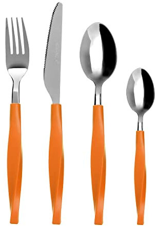 KASANOVA Set posate 24 pezzi, Set posate acciaio inox, Set posate con impugnatura arancione, Set posate linea Polish