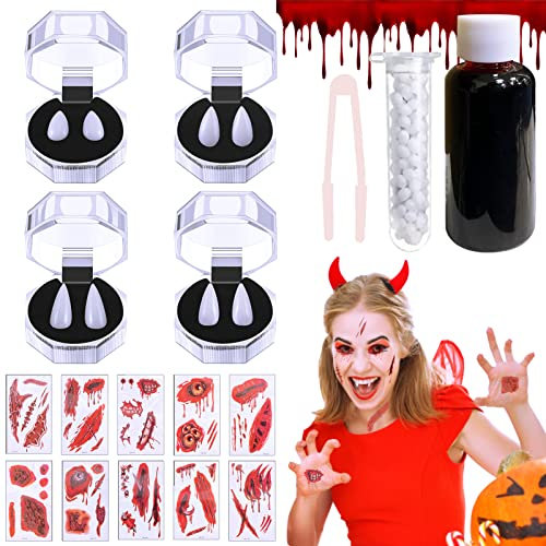 Halloween Make up Set,4 Paar Halloween Vampirzähne Reißzähne,30ml Kunstblut,10 Halloween Tattoo,Für Karneval Zombie Vampir Werwolf Cosplay Maskerade,Geeignet für Kinder Erwachsene
