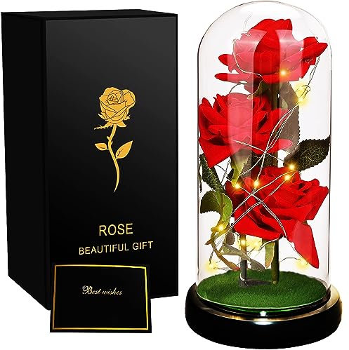SWEETIME Beauty and The Beast Rose,3 Red Silk Roses in Glass Dome with Warm Light,Artificial Flower Light up Rose,Gift for Women on Anniversary,Mother's Day,Birthday,Valentine Day,Christmas.