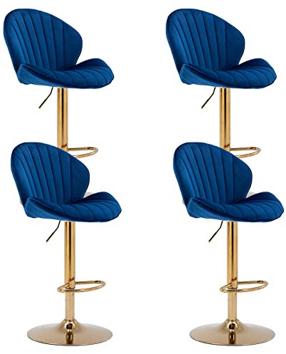 Wahson Barhocker 4er Set Barstuhl Bistrohocker mit Lehne, höhenverstellbar, Tresenhocker aus Samt und Metall, Gesteppter Küchenstuhl für Küche/Hausbar, Blau