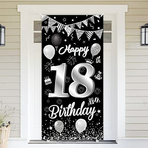 BTZO Happy 18th Birthday Door Banner, Black Silver Fabric Backdrop for Men Women's 18th Birthday Party Door Wall Decoration, 185×90cm