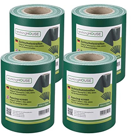 Workinghouse 4 x 35 m PVC Sichtschutzstreifen für Doppelstabmatten 450g/m² (Zaunsichtschutz) - inkl. 26 Clips/Klemmstreifen (Grün)