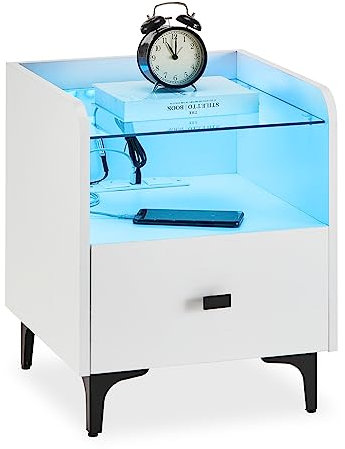 CLIPOP Bedside Table with Charging Station,1 Drawer Nightstand Storage Unit with 16 Color LED Lights,Tempered Glass Top and Metal Legs, Smart Side Table for Bedroom Living Room