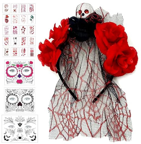 JOKILY Tag der Toten Schleier, Tag der Toten Haarreif, Halloween Tag der Toten Haarband Blumenkrone mit 3 Gesichtstattoos 20 Tattoos Aufkleber, Damen Halloween Kostüm Zubehör für Carnival Party
