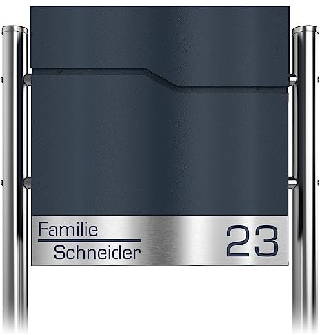 Graviers Design Briefkasten in Anthrazit RAL 7016 mit Standfuß freistehend - Postkasten personalisiert Edelstahl Namen Schild Hausnummer Laserschnitt Gravur - mit Schloss Zeitungsfach