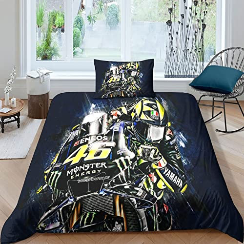 VOLDAX 3-teiliges Motogp-Bettwäsche-Set mit Kissenbezügen, Motorrad-Druck, mit Reißverschluss, Motocross-Bettbezug, Einzelbett (135 x 200 cm)
