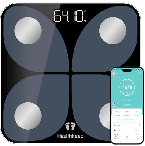 Healthkeep Pèse Personne Impédancemètre, Balance Connectée Bluetooth avec 13 Données Corporelles BMI/Graisse/Eau/Masse Osseuse Utilisateurs Illimité pour Andriod et iOS Max.180kg/400lb