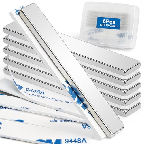 Wzone Adhesive Strong Magnets, 60×10×3mm | 6 Pack Flat Strips, Large Bar for Offices, Wooden Boards and Walls