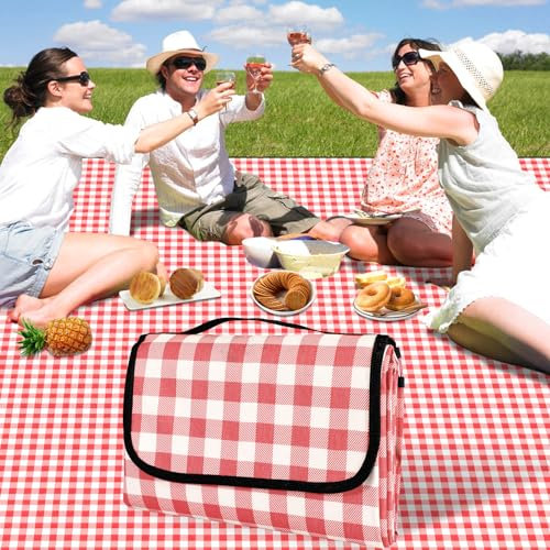 YAOMAISI Picknickdecke, 200 x 200 cm, große Stranddecke, Campingdecke, mit Griff, wasserdichter Boden, maschinenwaschbar, Faltbare Outdoor-Wanderdecke, weich und tragbar (rotes Gitter)