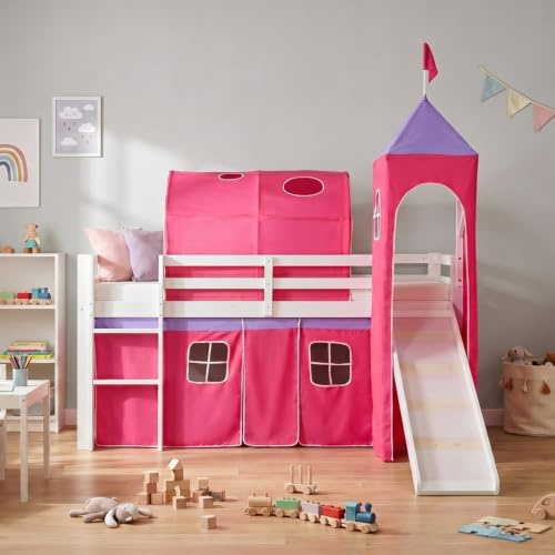 Homestyle4u Kinderhochbett 90x200 cm Weiß - Kiefer Massivholz Spielbett | Hochbett Set inklusive Matratze, Lattenrost, Rutsche, Turm und Tunnel - Kinderbett mit Pinkem Baumwollvorhang & Leiter