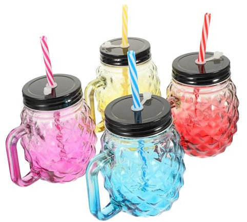 Mikinona Gläser 4 Stück Maurer Tasse Trinkbecher aus Glas Strohhalme für Trinkgläser wiederverwendbare becher saugschlauch Wassergläser Cocktailgläser lustige Cocktailtasse Ananas Geschenk