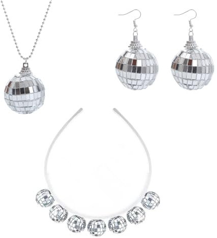 sylbx Party-Ohrringe-Halsketten-Set, Disco-Kugel-Stirnband, Disco-Kugel-Ohrringe, Disco-Kugel-Halskette, 70er-Jahre-Disco-Kugel-Zubehör für Karneval und Damen-Kostüm, Disco-Kugel-Maskerade